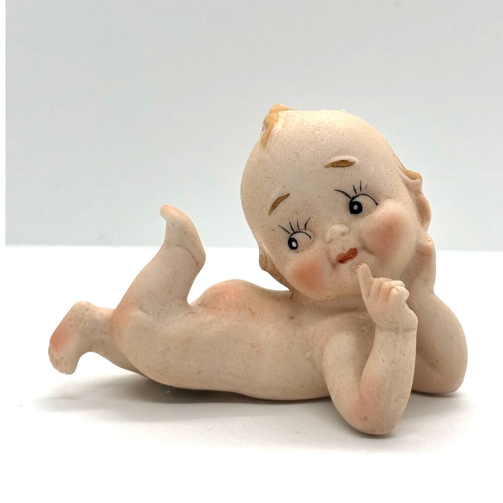 Vintage 1960's Lefton Kewpie Doll, Laying on Tummy, Bisque Figurines